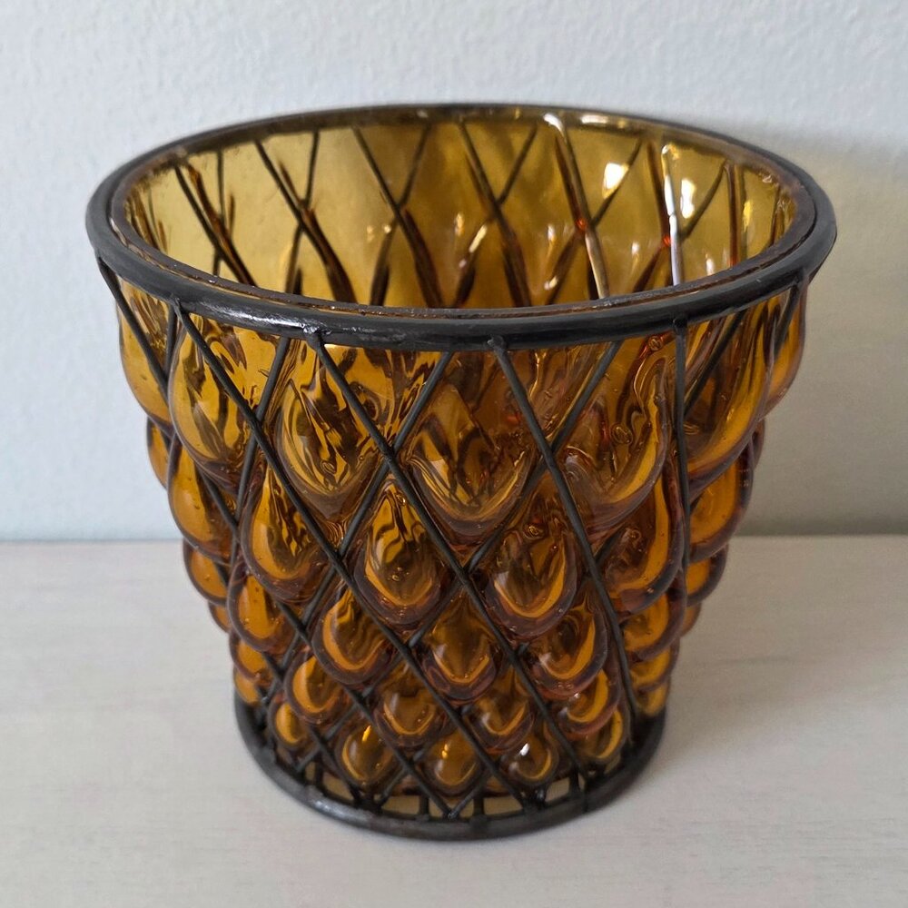 Vintage Caged Amber Glass Hand Blown Diamond Weave Wrought Iron Basket